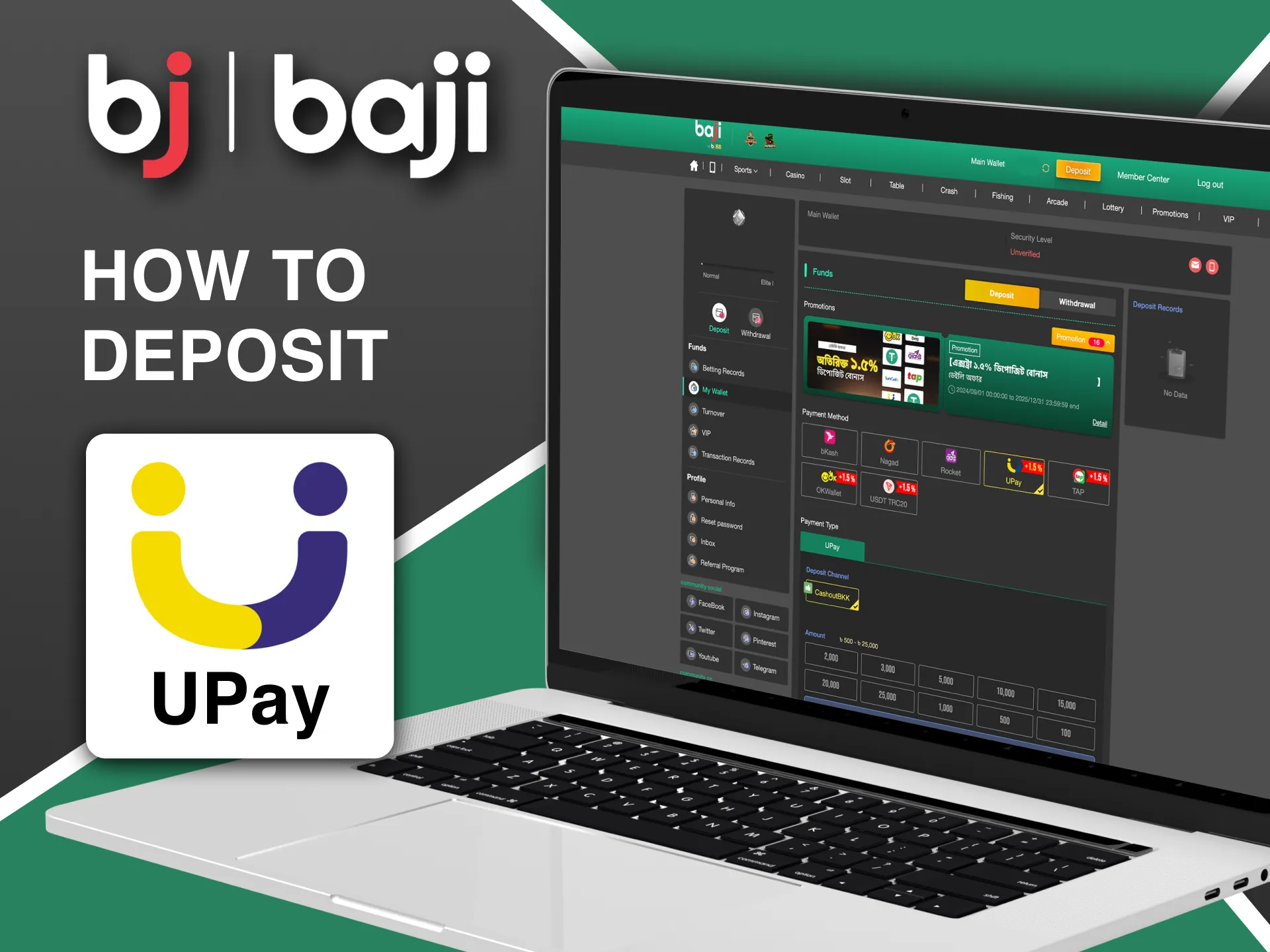 Make secure deposits on Baji using Upay by following these quick instructions.